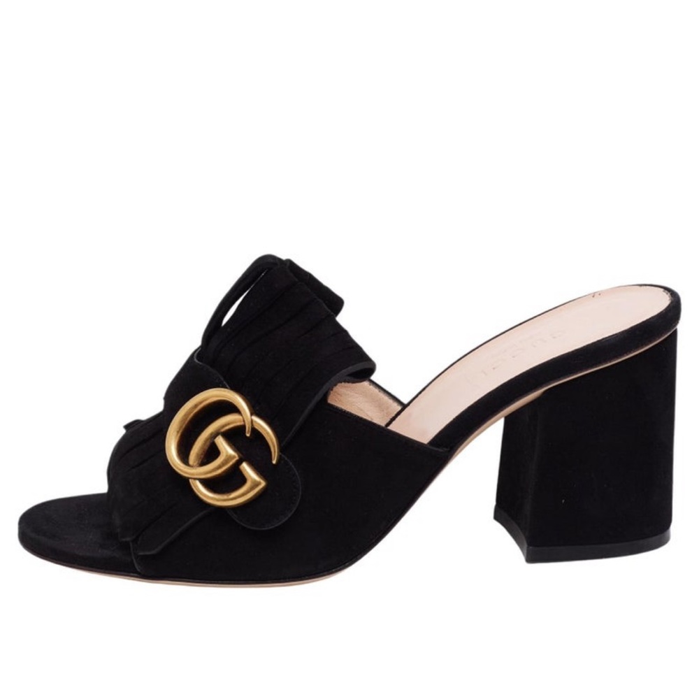 Gucci Kid Scamosciato GG Marmont Fringe Mid Heel Slide Sandals in Black